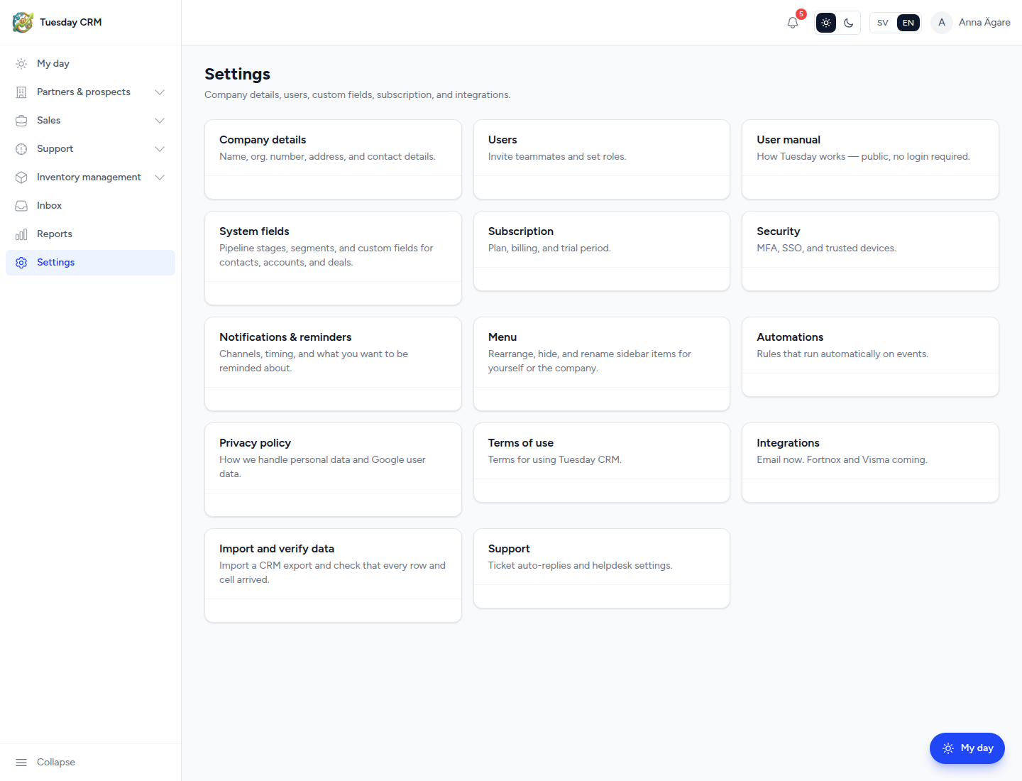 Settings hub