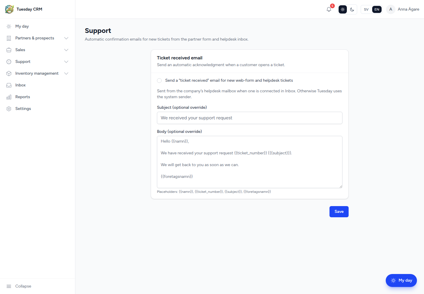 Support settings