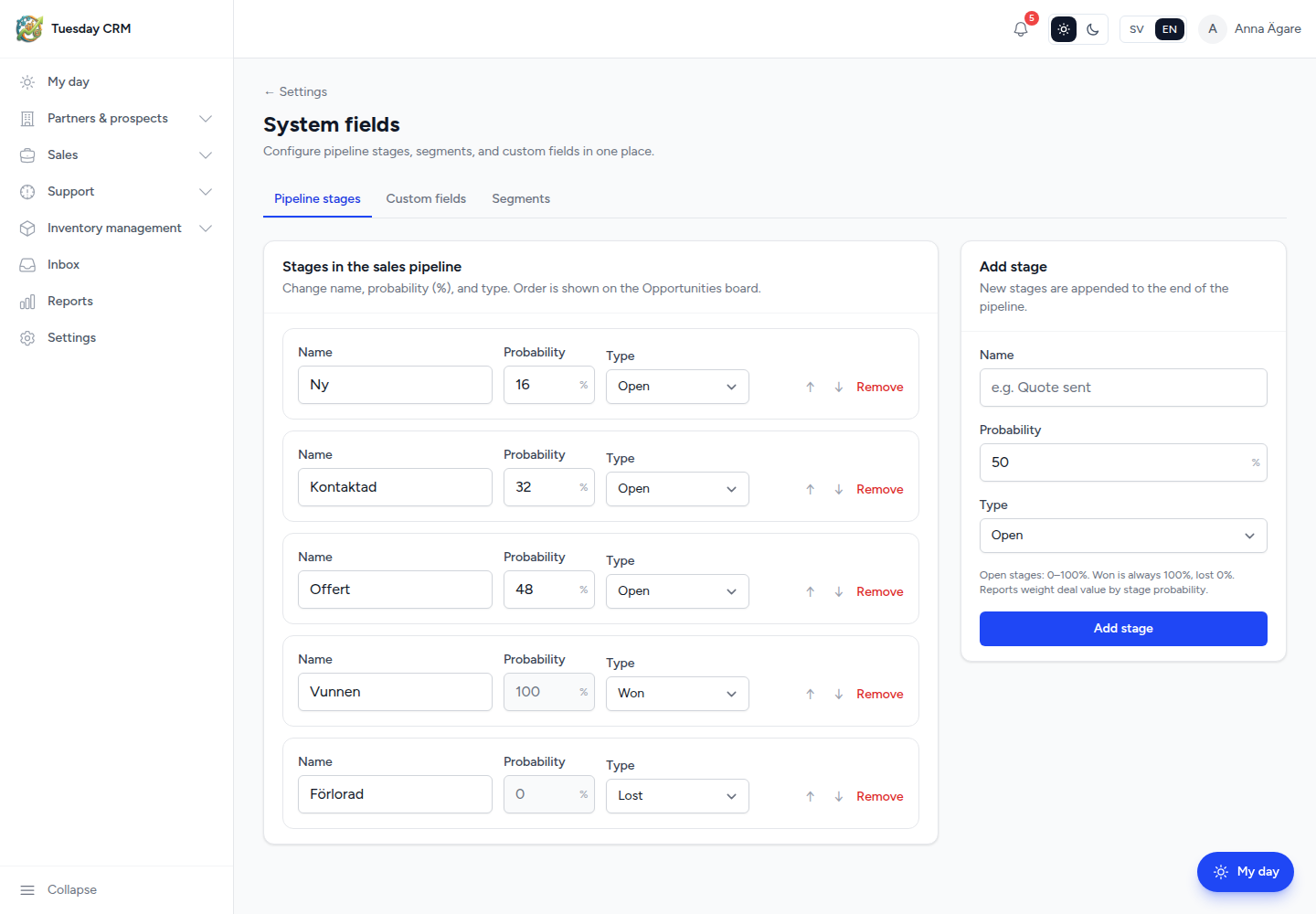 System fields tabs